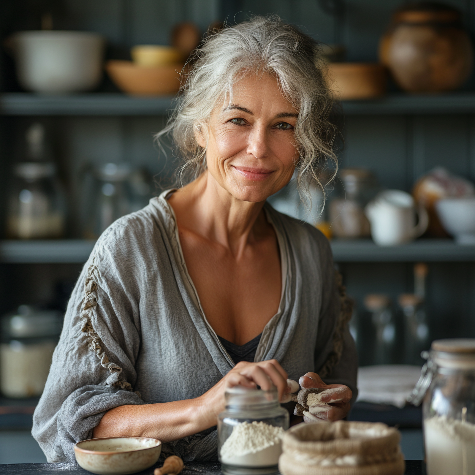 An image of a woman with a jar of white grass-fed collagen powder.