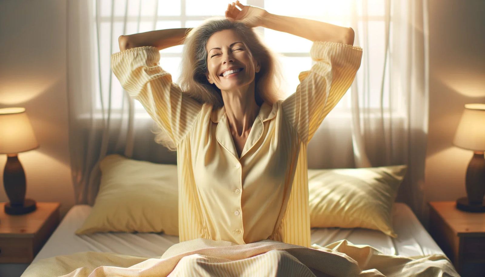 An image of a smiling woman walking up refreshed in the morning to boost metabolism