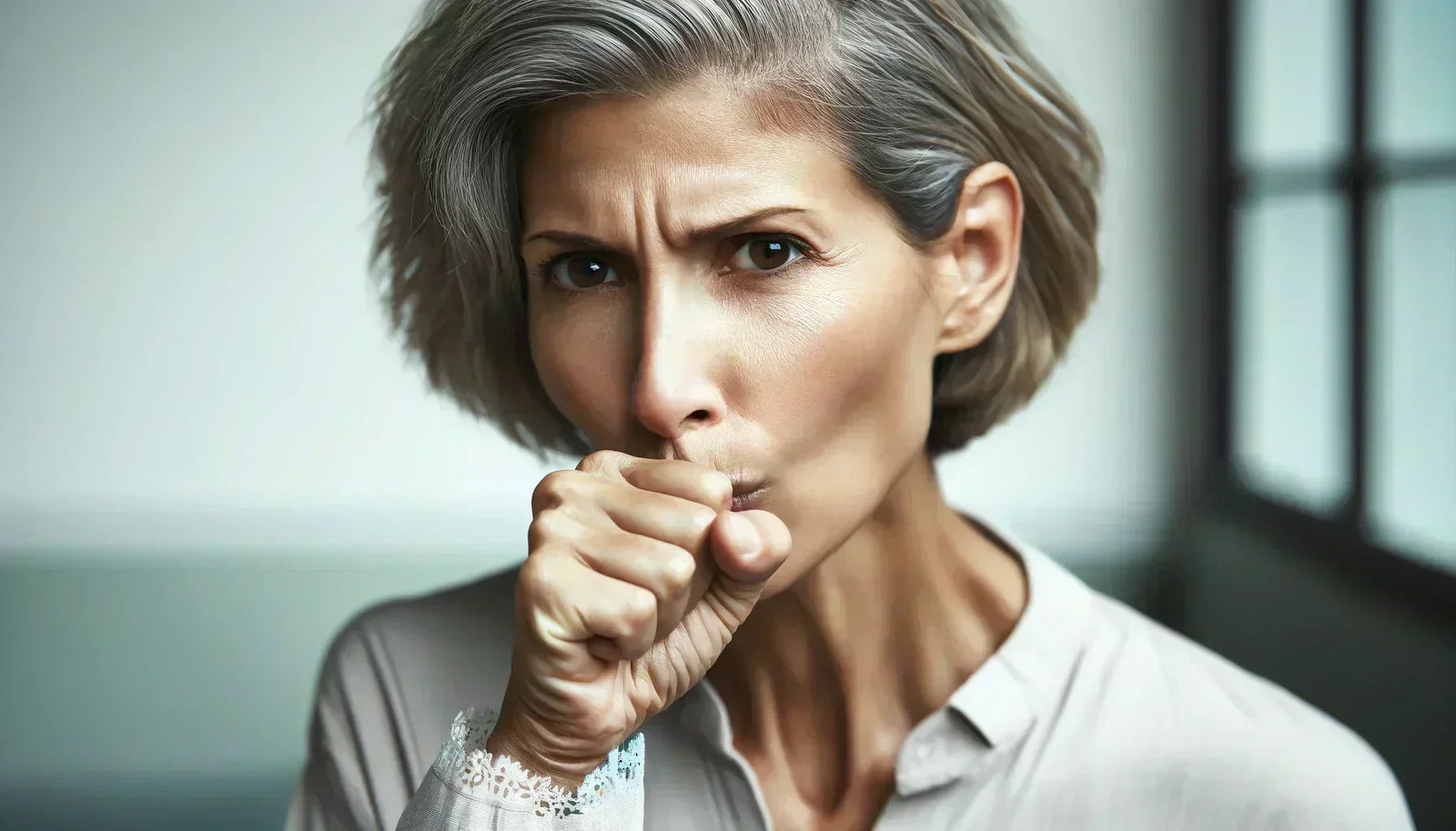 What causes constant throat clearing and how to stop it, image of a mature woman coughing into her fist.