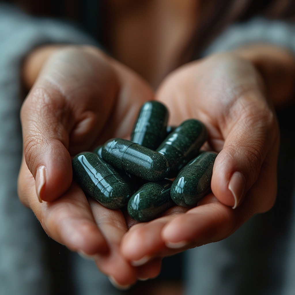 An image of a woman's hands holding dark green vitamin supplements
