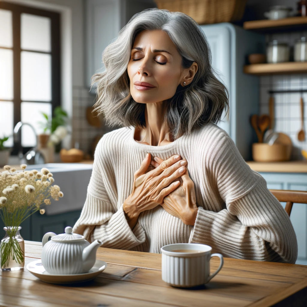 An image of a woman with heartburn holding her chest in pain.