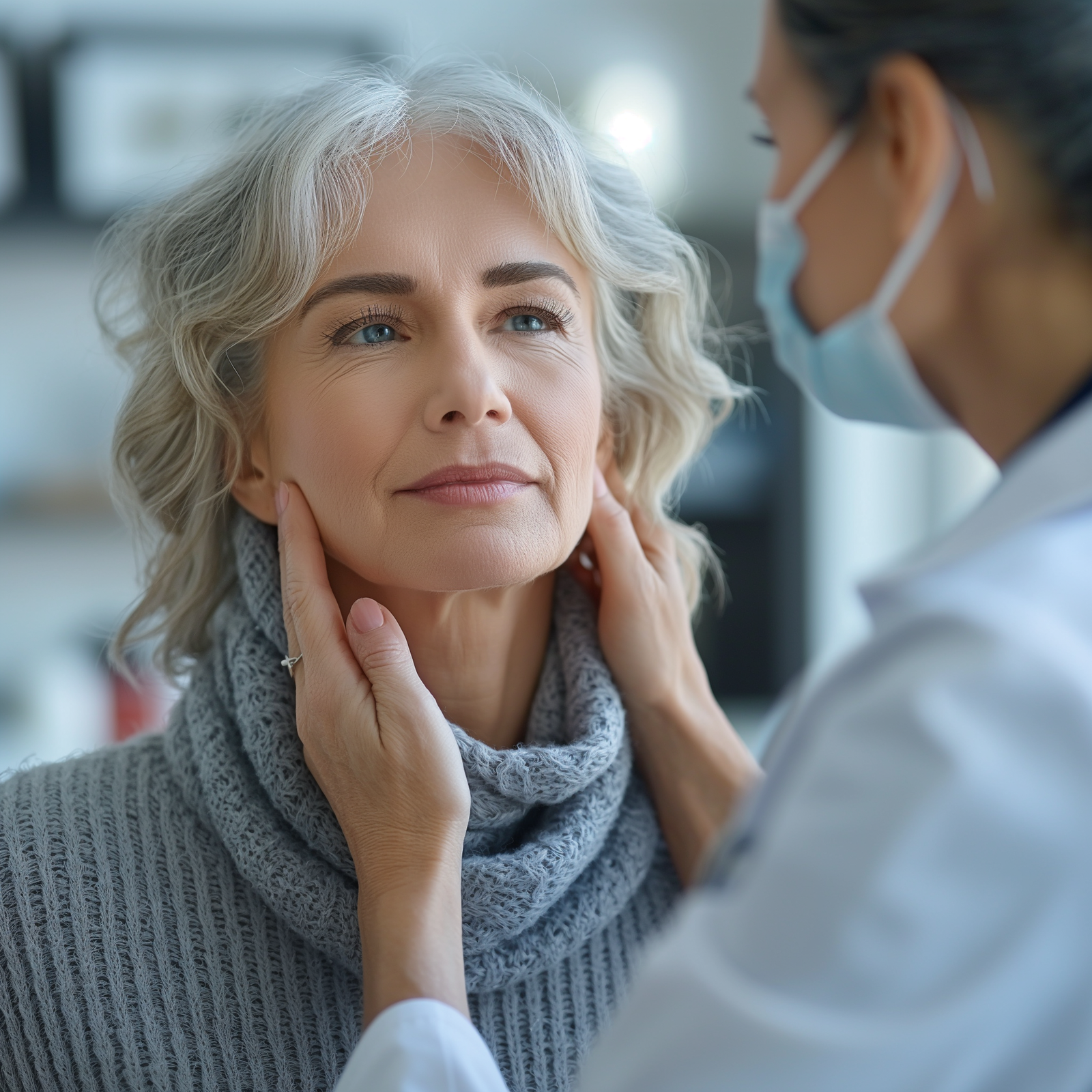 An image of a woman in a doctor's office having her thyroid checked