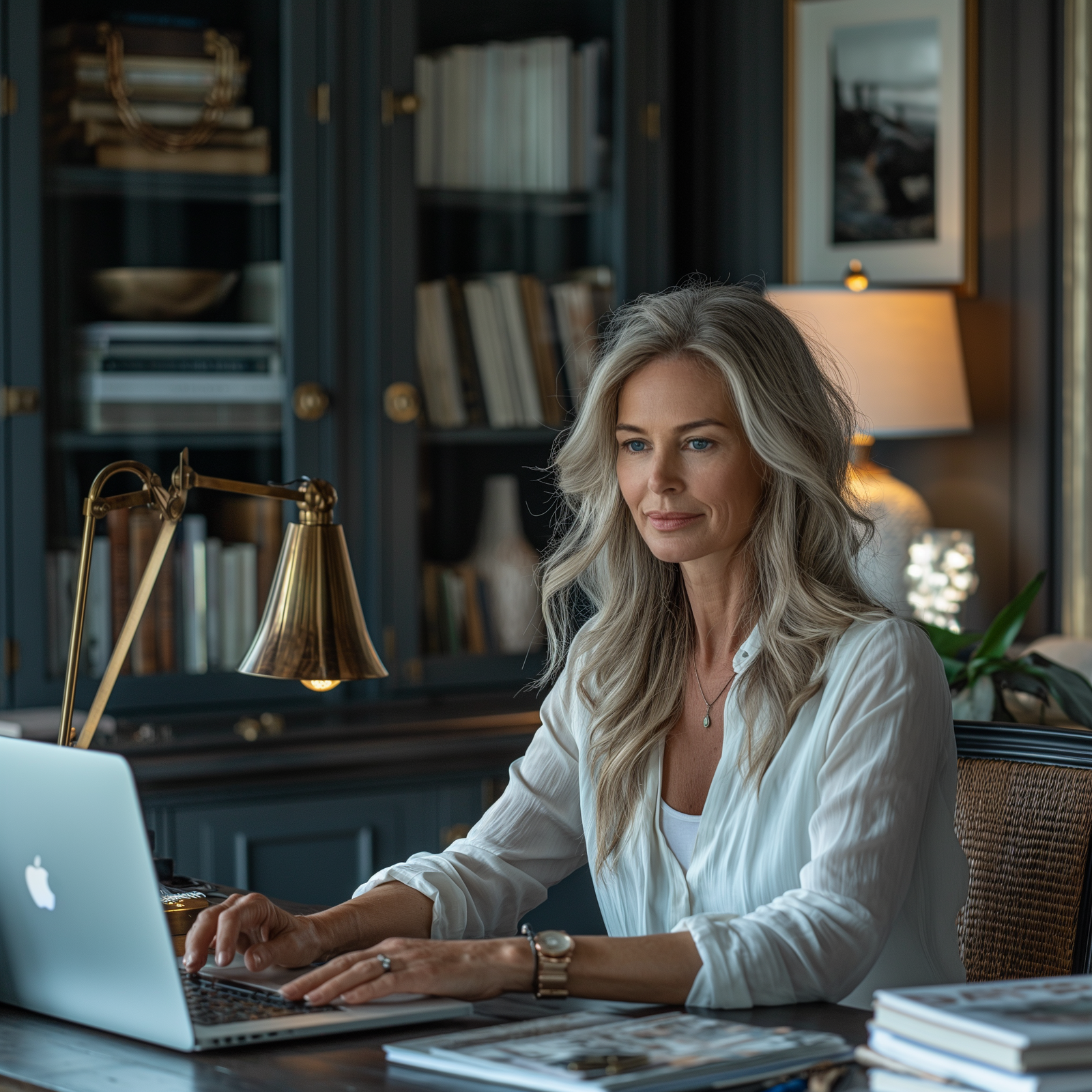 An image of a woman with ADHD working in a clean, organized office