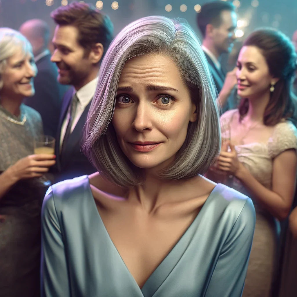 An image of a woman with anxiety disorder at a party. k while surrounded by people walking in busy street.