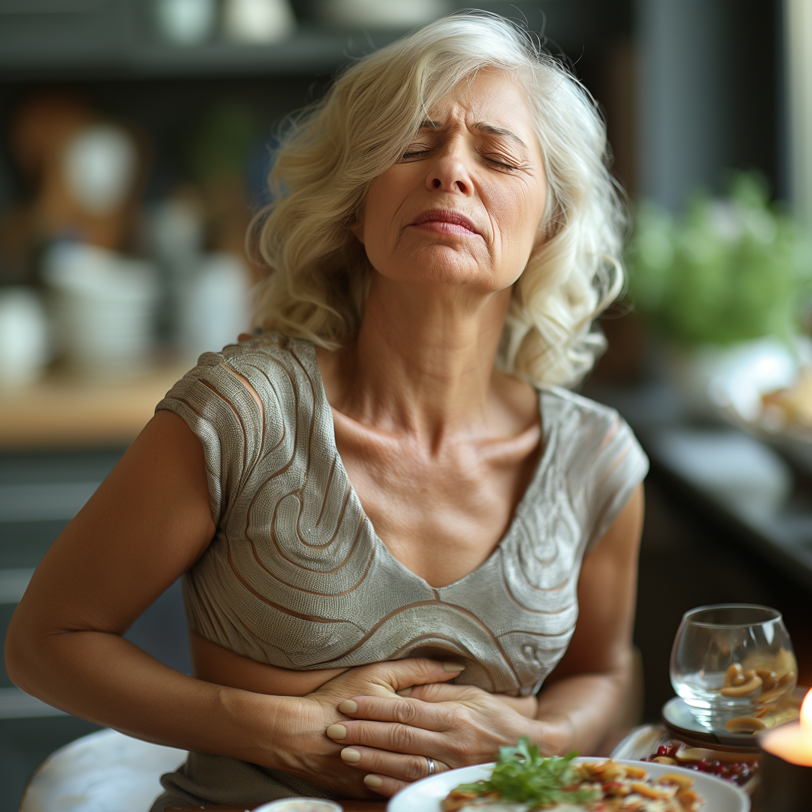 An image of a woman with bloating holding her stomach in pain