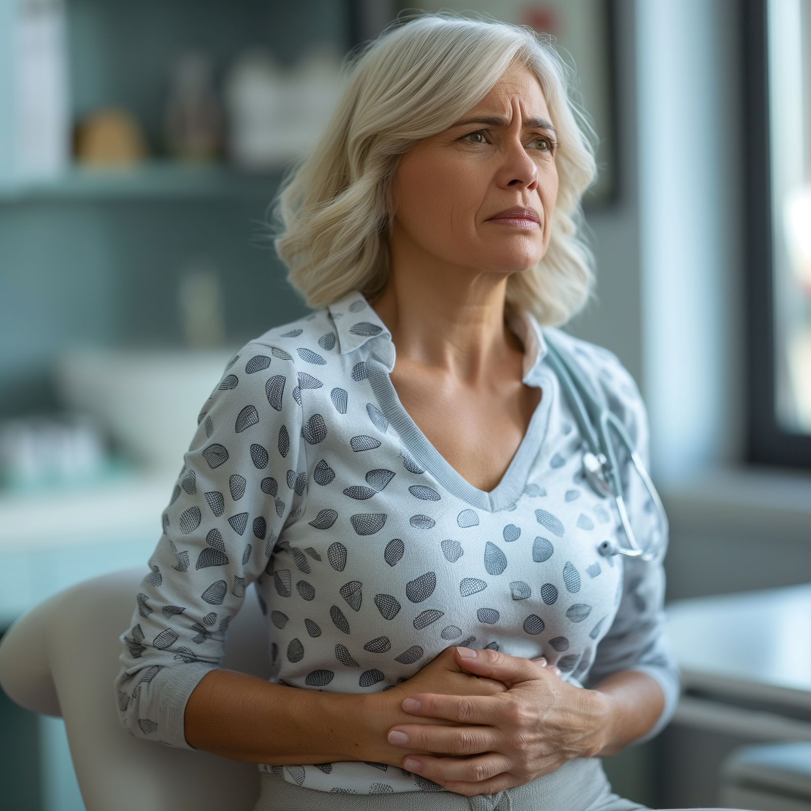 An image of a woman with gut dysbiosis holding her stomach in pain.