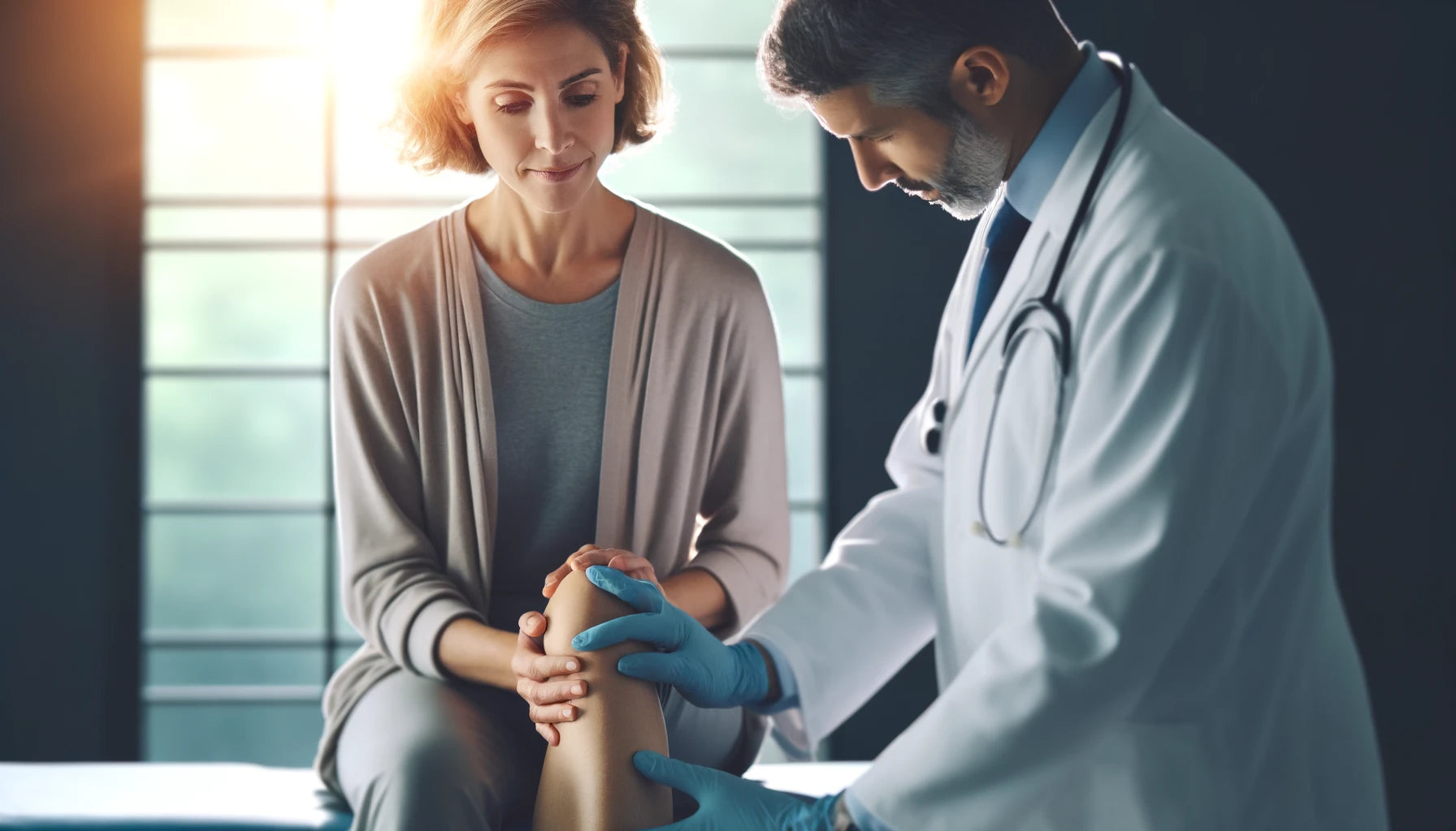 An image of a woman in a doctor's office being examined for knee osteoarthritis.