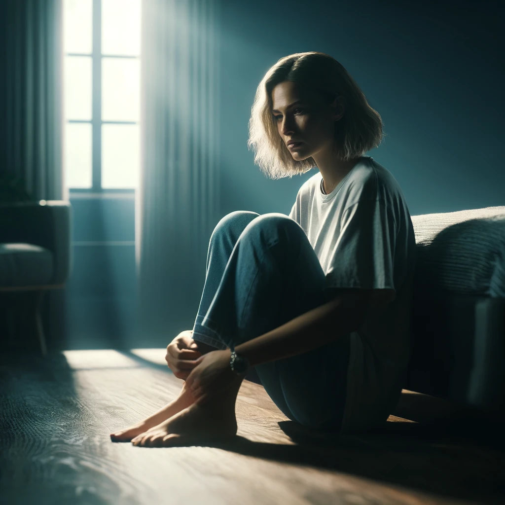 An image of a woman with major depression sitting on the floor of a dark bedroom.