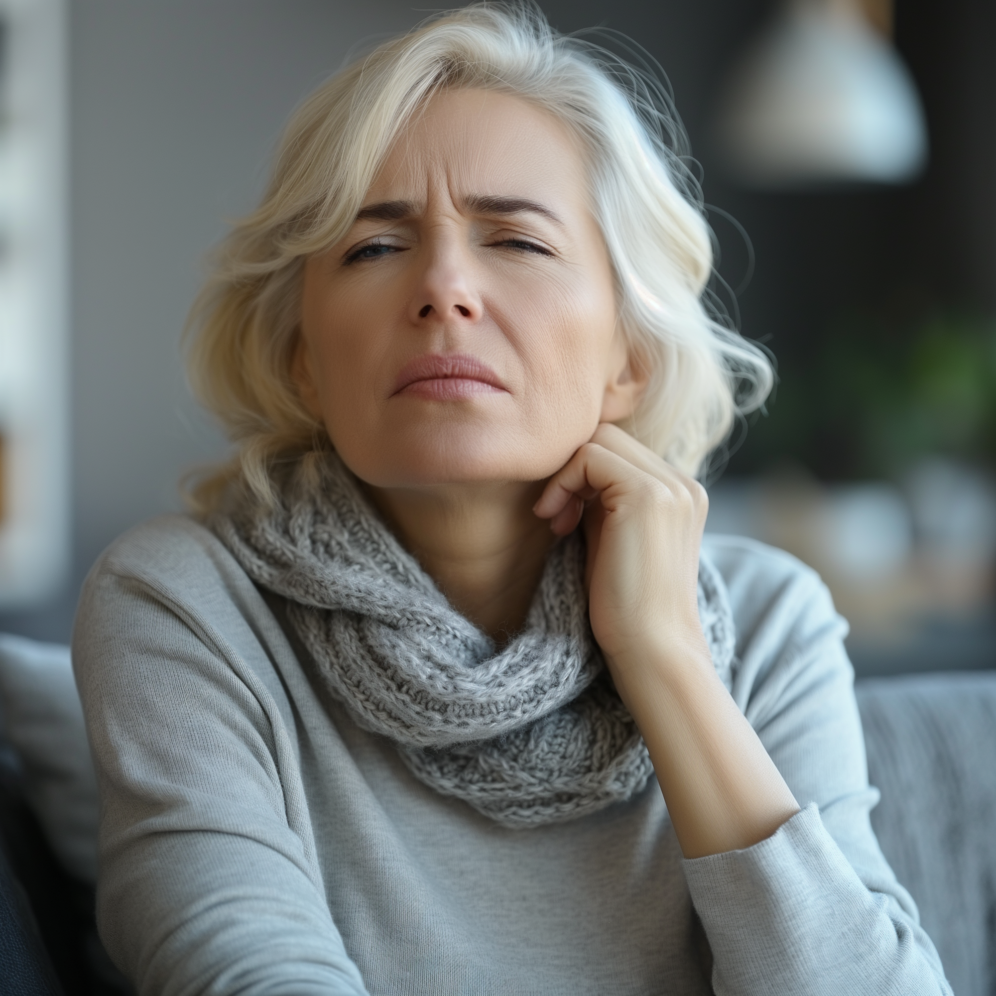 An image of a woman with phlegm in throat holding neck in discomfort.