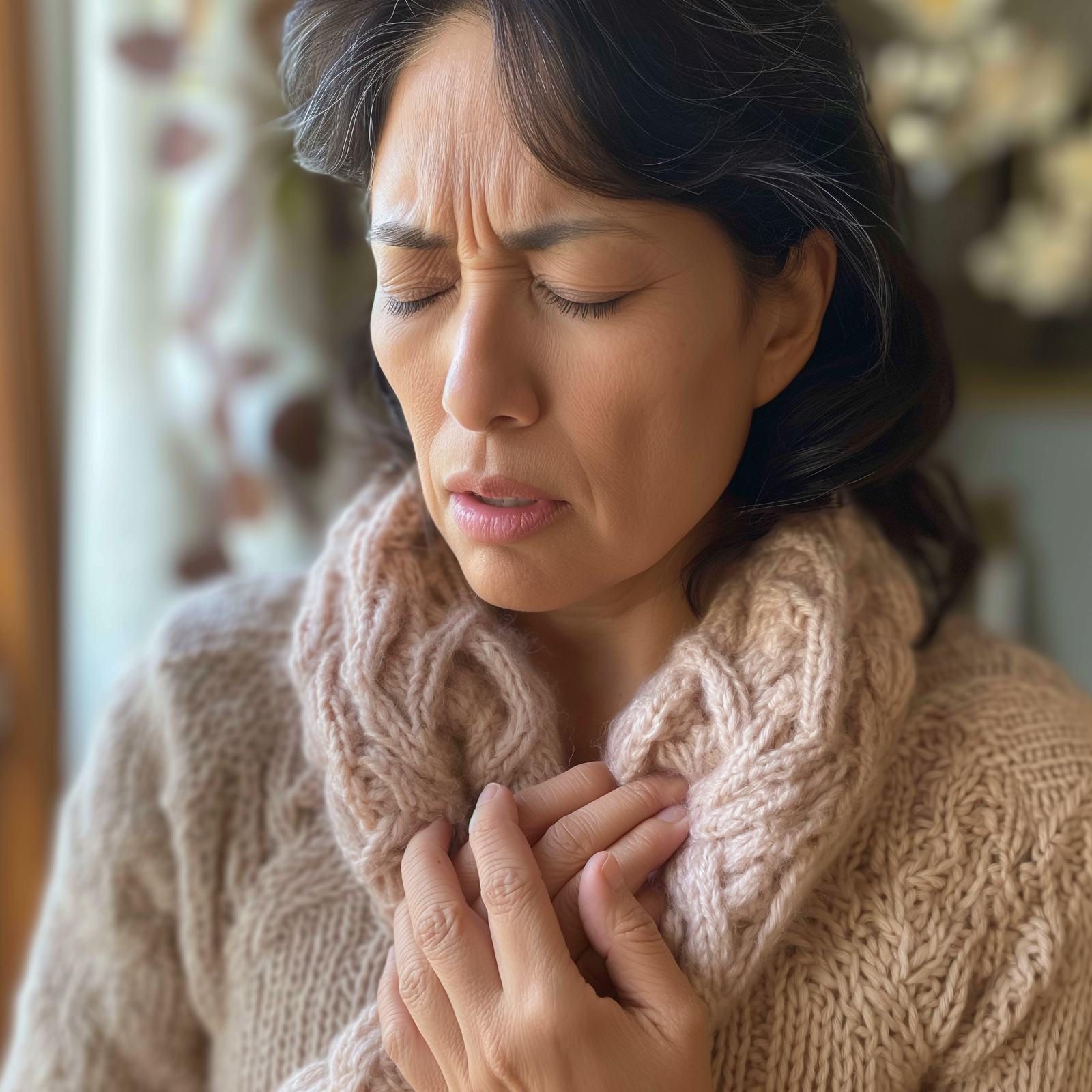 An image of a woman with throat phlegm holding her chest in pain