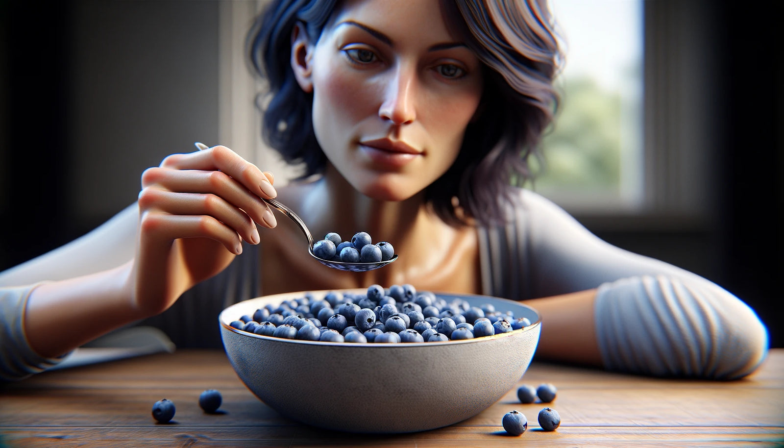 An image of a woman dishing blueberries out of a bowl to help combat hormonal weight gain