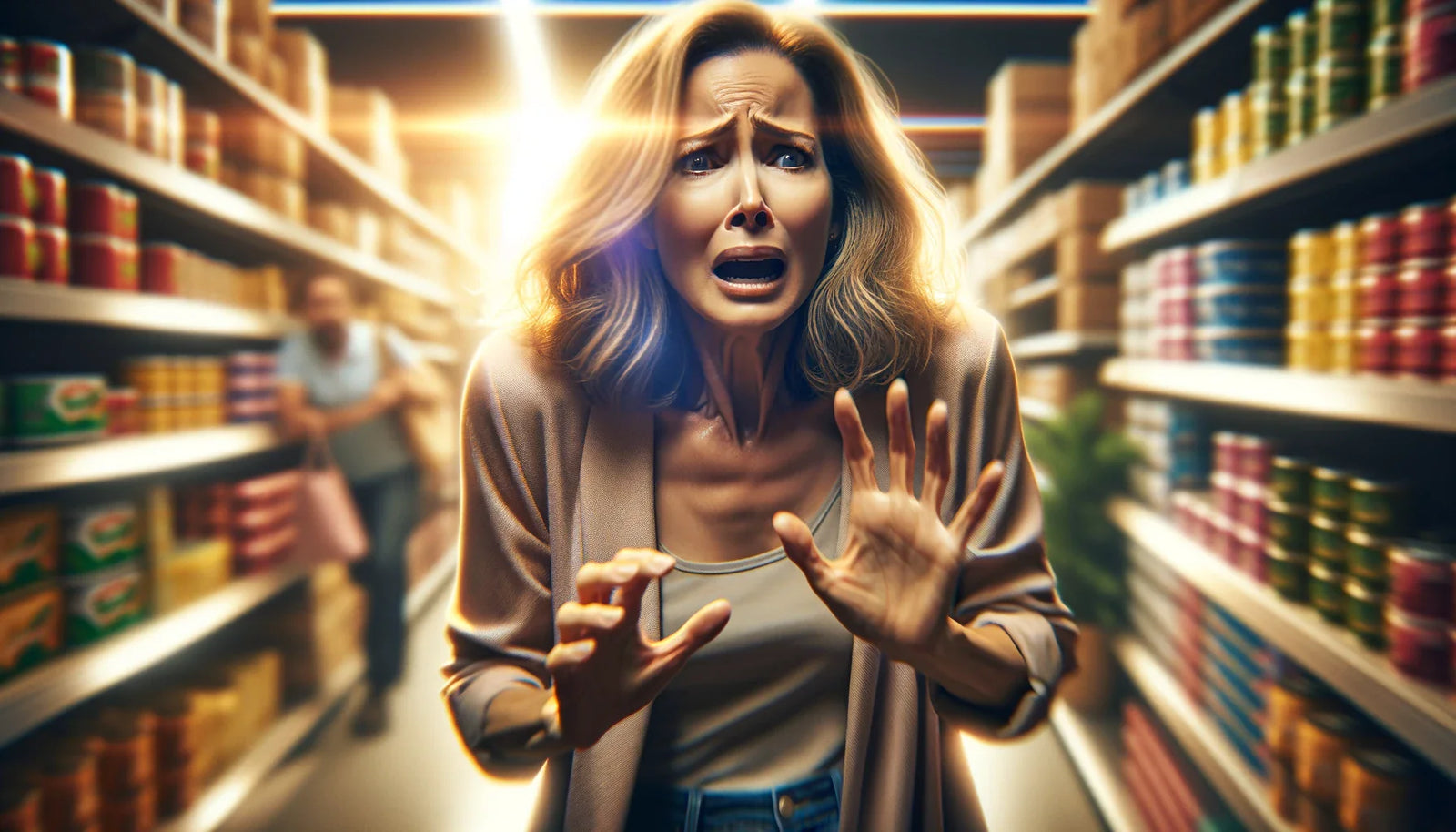 An image of a woman with an anxiety disorder having a panic attack in a store.