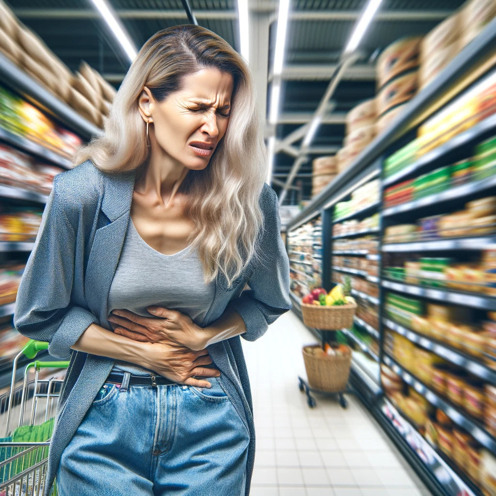 An image of a woman with digestive gas holding her stomach in pain at a supermarket