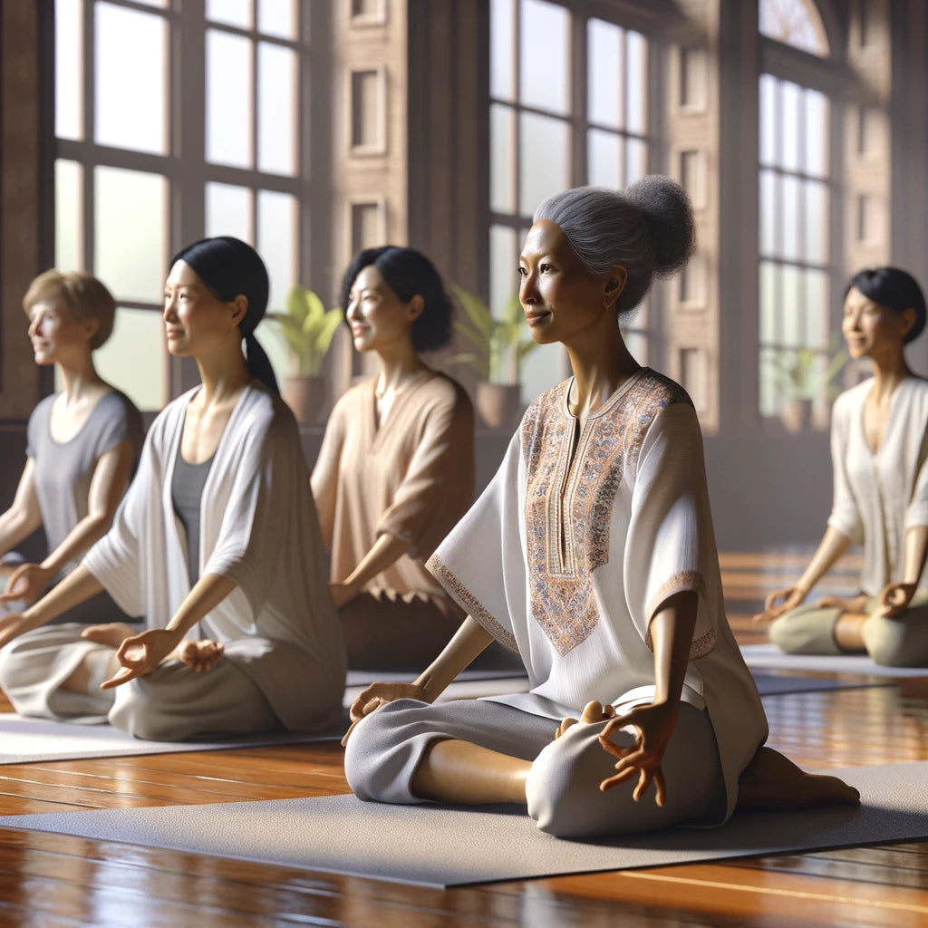 An image of a group of women doing yoga to relieve common causes of brain fog.