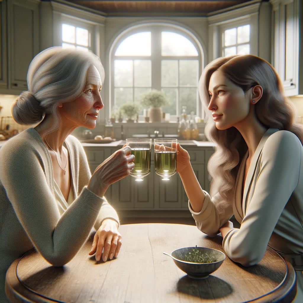 An image of two women drinking green tea, one of the most effective metabolism boosters.