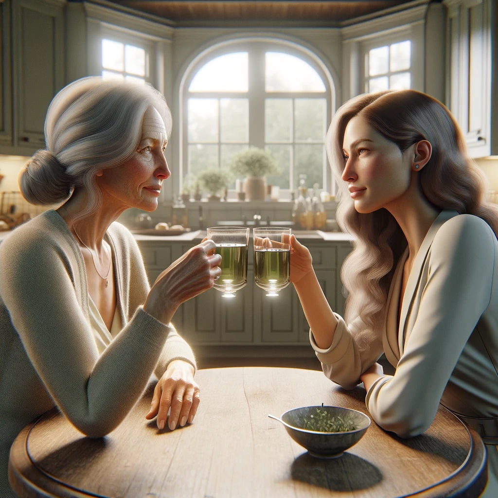 An image of two women drinking green tea, one of the most effective metabolism boosters.