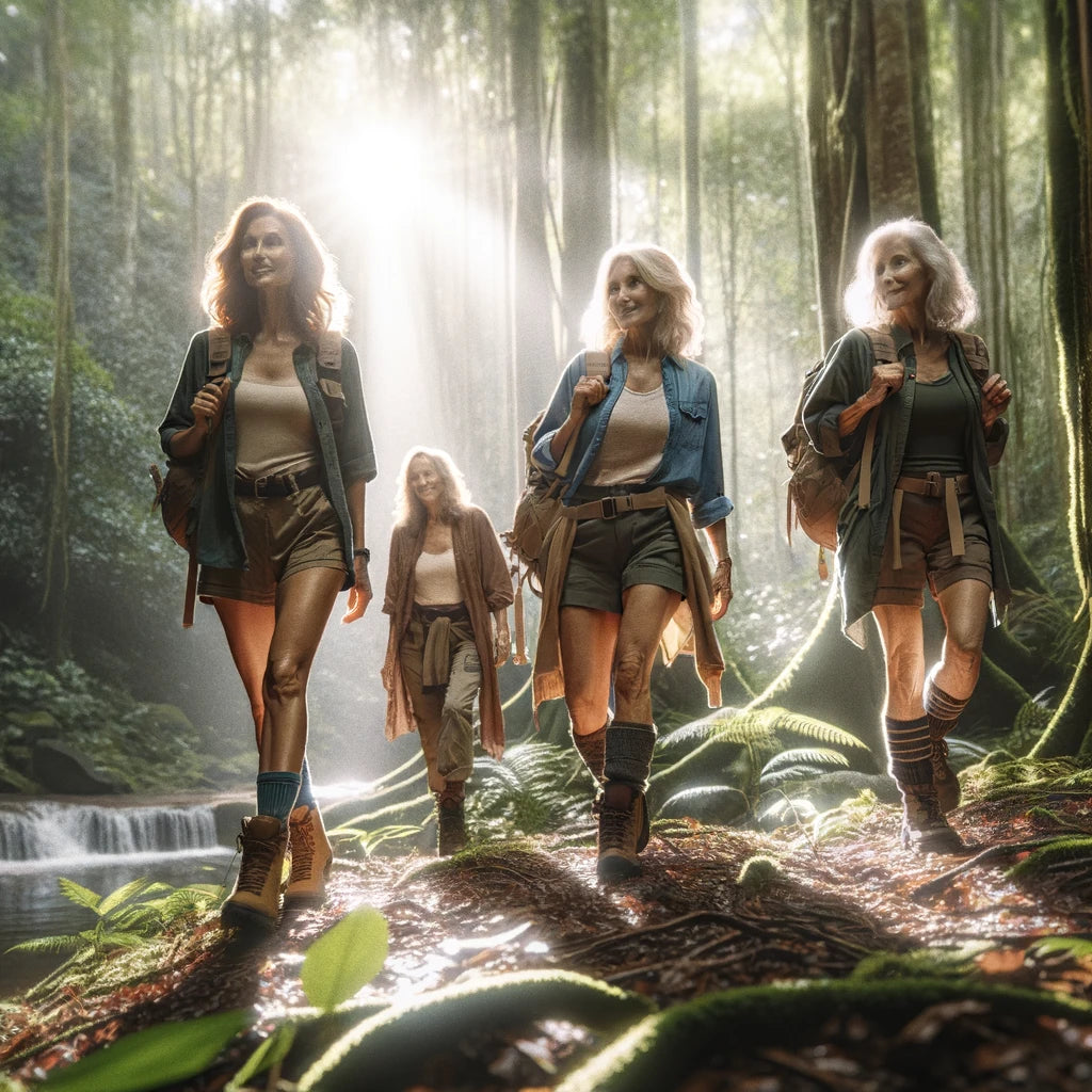 An image of a group of women walking in the forest to get rid of bloating.