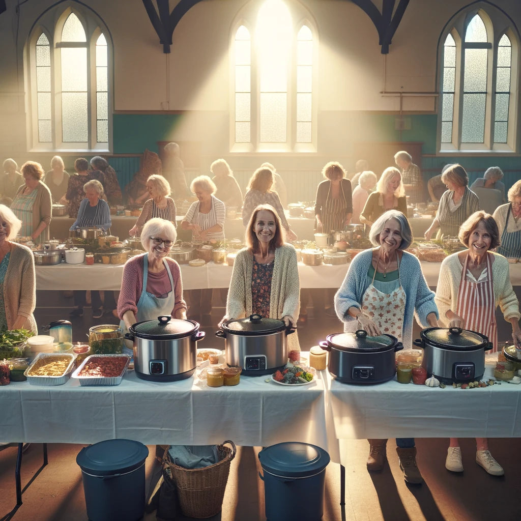 An image of women arranging food for a church potluck to help butyrate supplements work.