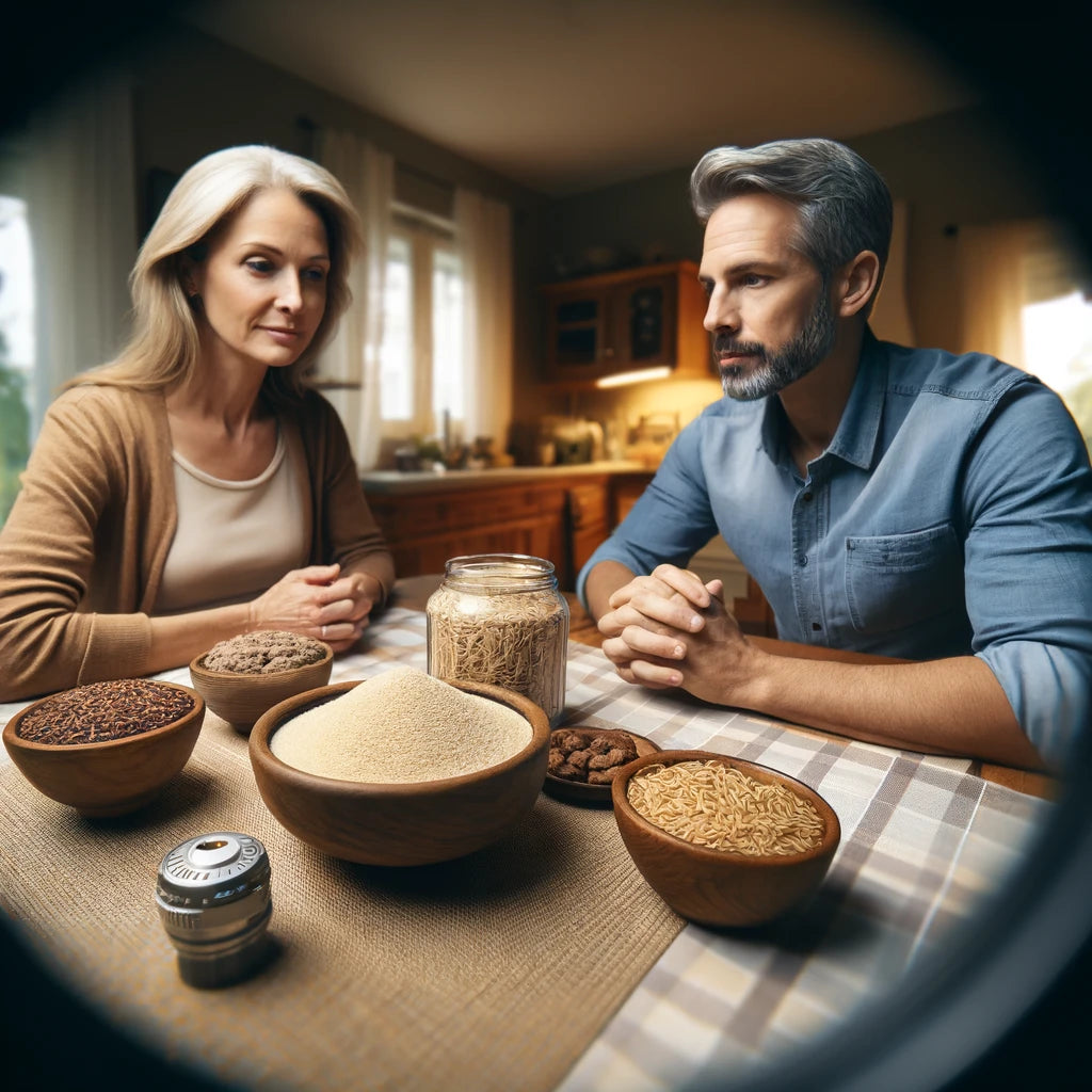 An image of a man and woman sitting at a table with a bowl of brown rice and a bowl of brown rice flour.