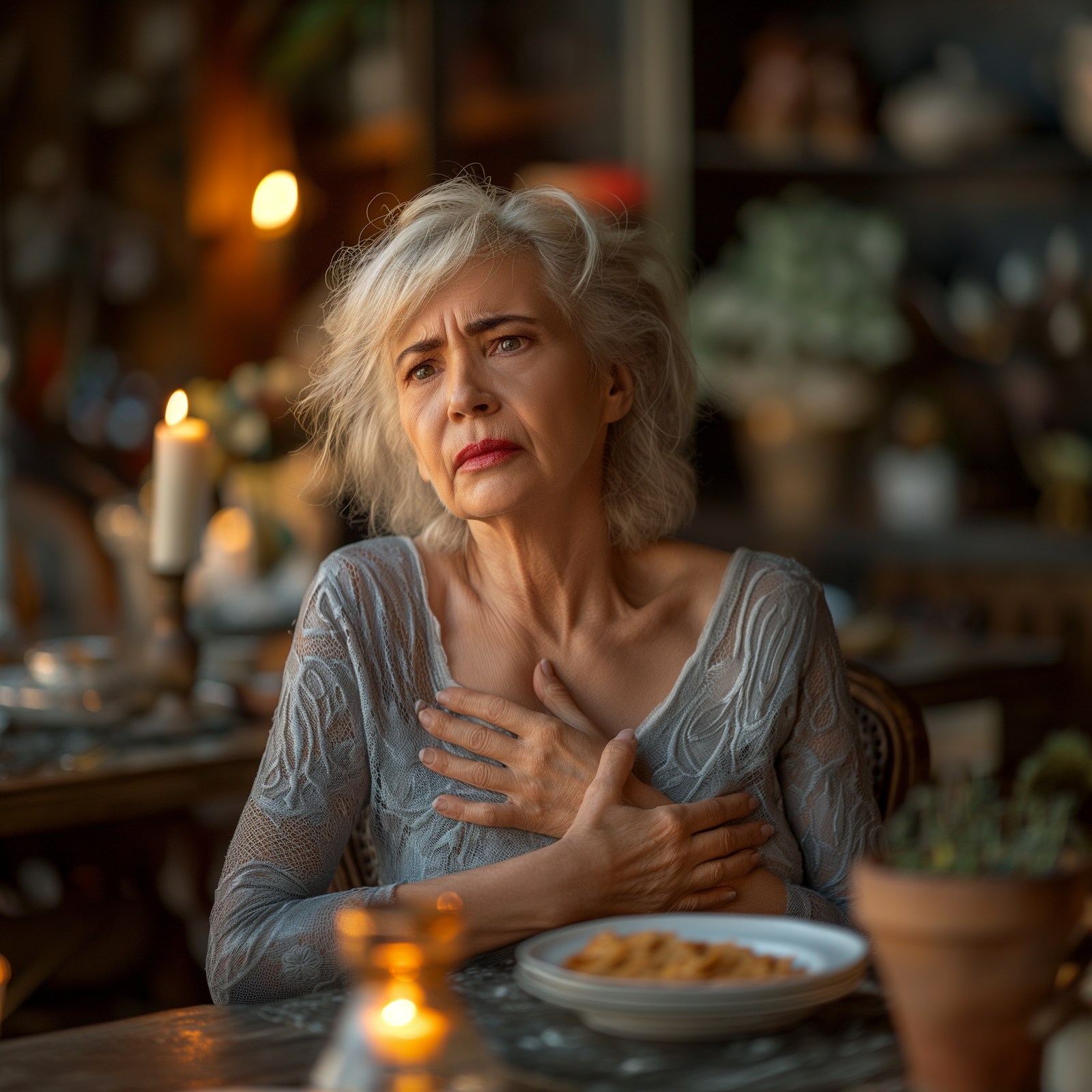 Gastroesophageal reflux disease (GERD) symptoms portrayed by a mature woman holding her check in a restaurant. 