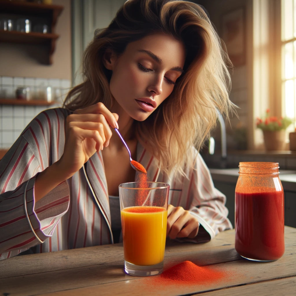 An image of a woman spooning beet root powder into her glass of orange juice. 