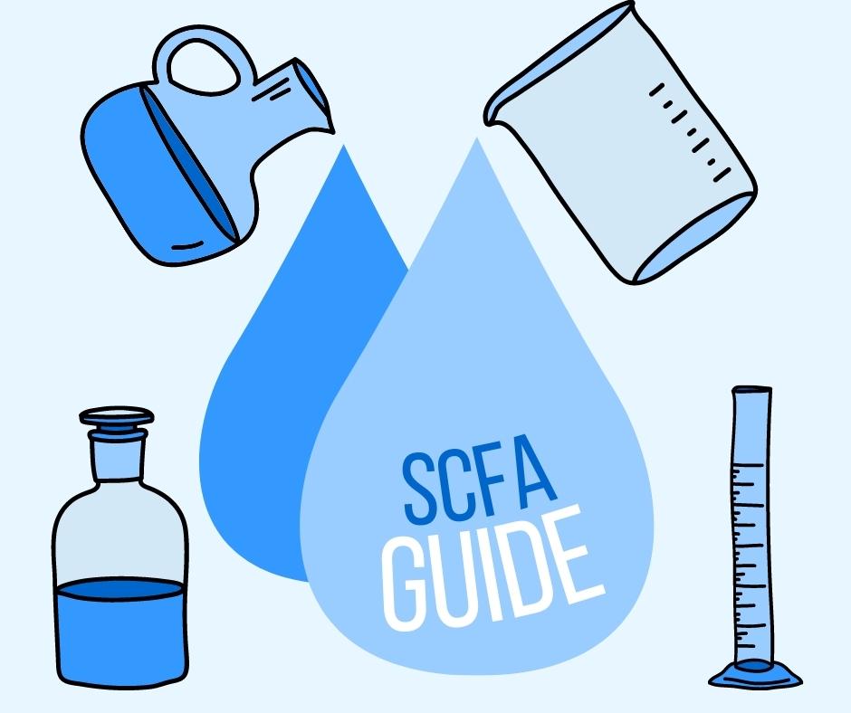 A graphical image of laboratory equipment testing short chain fatty acids with a pitcher pouring out a large droplet with text that reads SCFA guide.