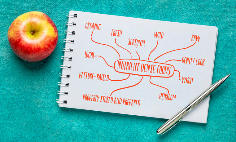 Nutrient dense foods infographic written on a spiral notebook with an orange-colored marker with explanatory text.