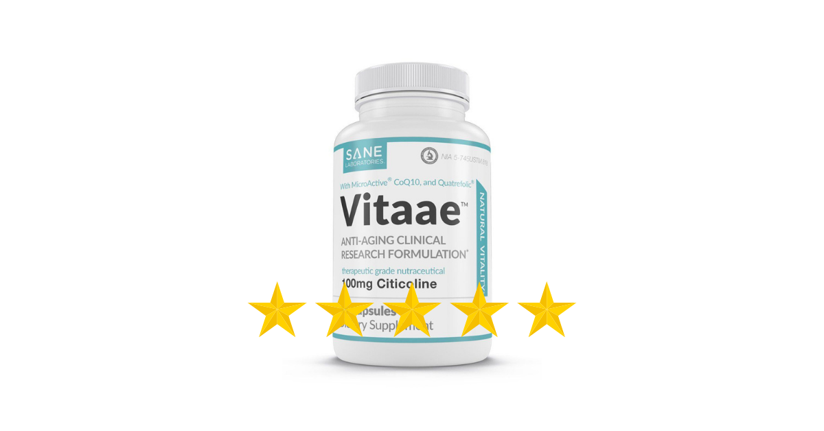 An image of a bottle of SANE Vitaae with 5 gold stars.