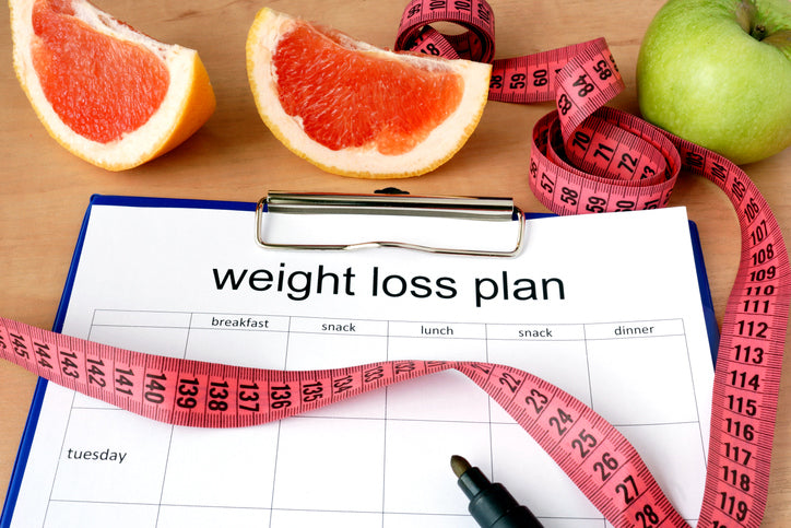 An image of a paper with weight loss plan on a clipboard, a black marker, tape measure, grapefruit slices and a green apple on a table. 