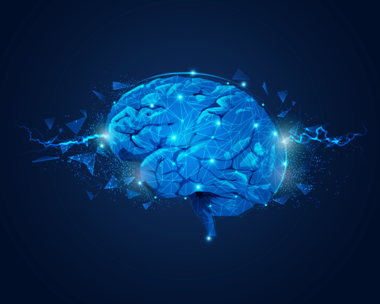 A graphic of a human brain with lightning dots of light symbolizing brain power.
