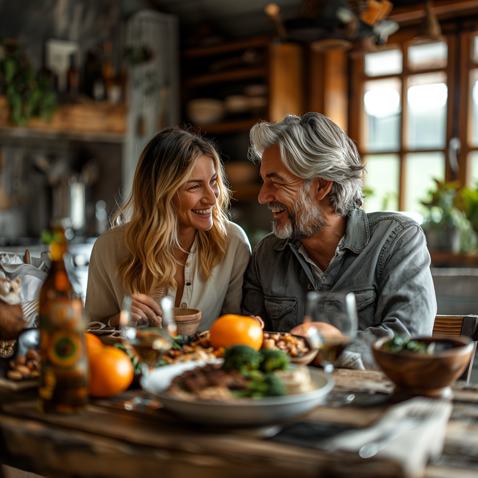 An image of a man and woman eating a healthy dinner to trigger natural collagen production.