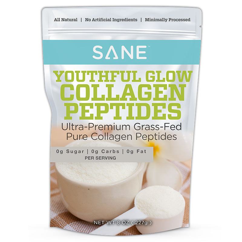 Bag of Youthful Glow Collagen Peptides with promotional text on the bag that reads: 'SANE Logo, All Natural, No Artificial Ingredients, Minimally Processed. Ultra-Premium Grass-Fed Pure Collagen Peptides. 0 g Sugar, 0 g Carbs, 0 g Fat, per serving.