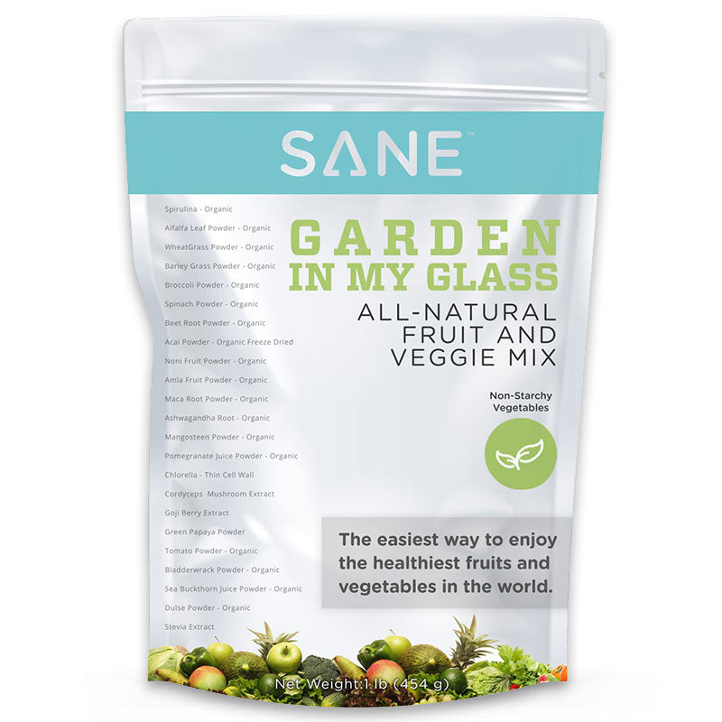 Bag of Garden In My Glass with promotional text on the bag that reads: 'SANE Logo, All Natural Fruit and Veggie Mix. Non-starchy vegetables. The easiest way to enjoy the healthiest fruits and vegetables in the world. Net Weight: 1 lb (454 g)'