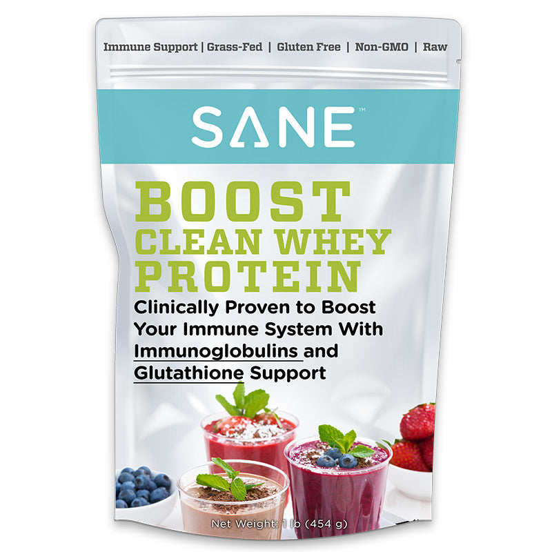 Bag of Boost Clean Whey Protein with promotional text on the bag that reads: 'SANE Logo, Immune support, Grass-fed, Gluten Free, Non-GMO, Raw. Clinically proven to boost your immune system with immunoglobulins and Glutathione Support.
