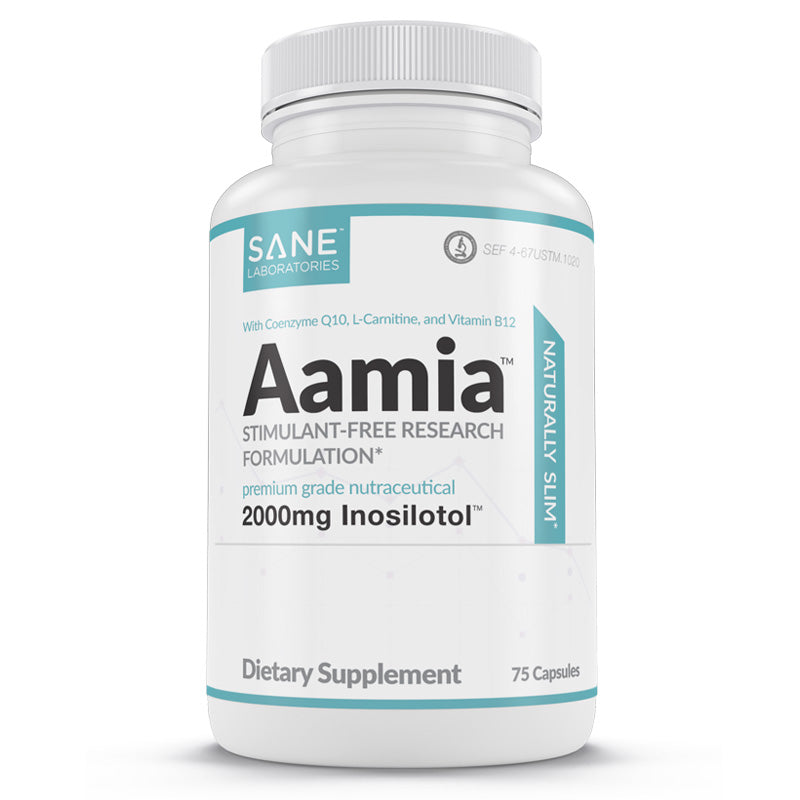 Bottle of Aamia with promotional text on the bottle that reads: 'SANE Laboratories Logo, With Coenzyme Q10, L-Carnitine, and Vitamin B12, Stimulant-Free Research Formulation, premium grade nutraceutical, 2000mg Inosilotol, 75 Capsules, Dietary Supplement.