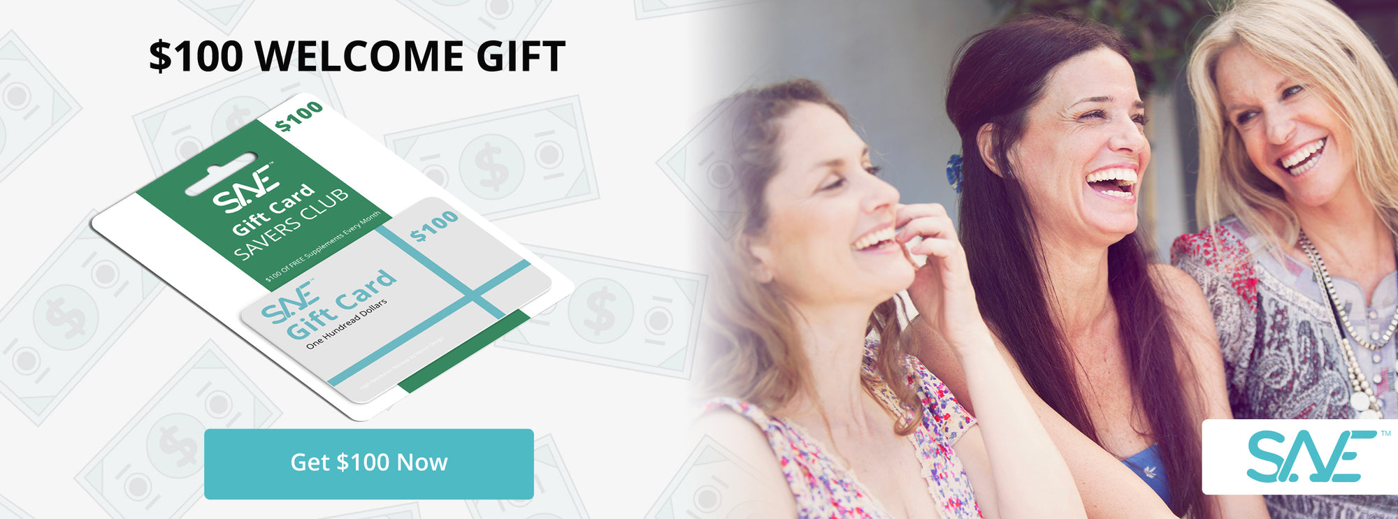 picture of women smiling next to an Image of $100 gift card, with text that reads $100 Welcome Gift and a button that says: Get $100 Now